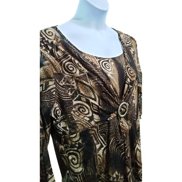 Nicola Woman Top Size 1X Brown Black Abstract Pattern Buckle Detail 3/4 Sleeves - Picture 3 of 10